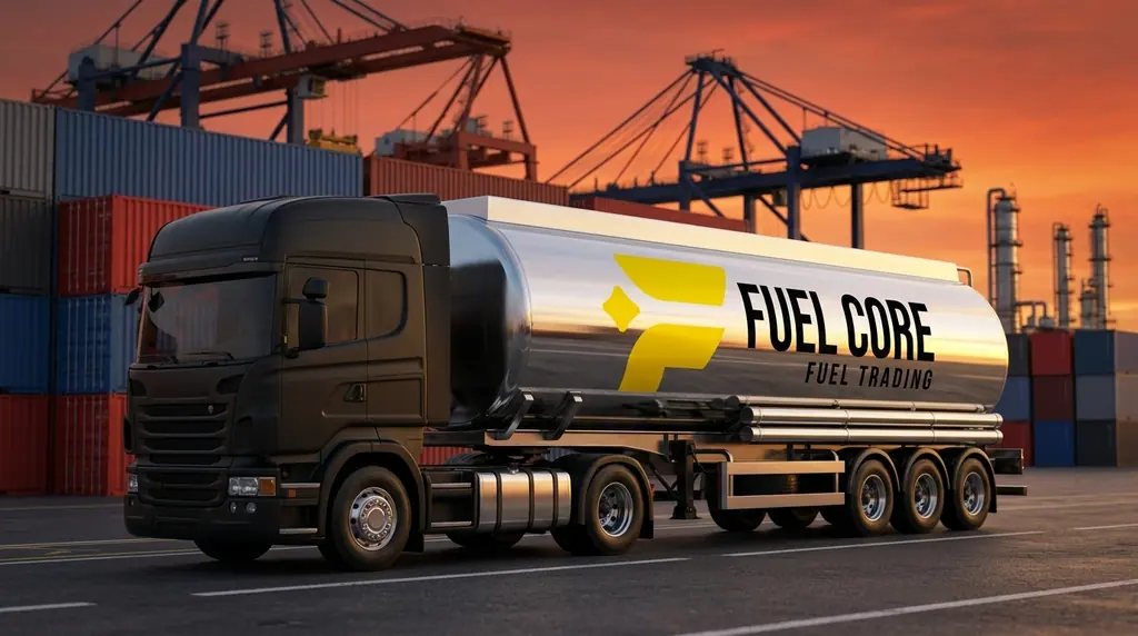 A Fuel Core road tanker at a container terminal at sunset, gantry cranes and a refinery on the skyline.